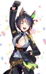 Rule 34 | 1girl, ahoge, animal ears, arm up, asymmetrical hair, black gloves, black hair, black jacket, black necktie, black pants, breasts, center frills, center opening, cleavage, closed eyes, collared shirt, confetti, cowboy shot, crying, ear ornament, frilled shirt, frills, fuji kiseki (umamusume), gem, gloves, grey hair, happy, horse ears, horse girl, horse tail, jacket, jewelry, long sleeves, medium breasts, multicolored hair, nd (nuuchadon10), necktie, no bra, open clothes, open jacket, open mouth, outstretched arm, pants, shirt, short hair, smile, solo, sweat, tail, two-tone hair, umamusume, white shirt, wing collar