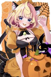 Rule 34 | 1girl, absurdres, animal, animal ear fluff, animal ears, bell, black bow, black neckerchief, blonde hair, blue eyes, blush, bow, breasts, building, candy, cat ears, collarbone, dress, food, food in mouth, frilled dress, frills, hair bow, halloween, heart, highres, jack-o&#039;-lantern, kano3, lollipop, maid headdress, medium breasts, millie parfait, neck bell, neckerchief, nijisanji, nijisanji en, orange bow, orange dress, orange sleeves, puffy short sleeves, puffy sleeves, short hair, short sleeves, silk, solo, spider web, twitter username, two-tone dress, virtual youtuber, whiskers, wrapped candy, yellow nails
