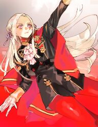 Rule 34 | 1girl, ascot, black jacket, cape, cowboy shot, cropped jacket, edelgard von hresvelg, fire emblem, fire emblem heroes, gloves, gold trim, grey background, grey hair, hair ribbon, highres, jacket, long bangs, long hair, long sleeves, nintendo, outstretched arm, parted bangs, purple eyes, purple ribbon, red cape, ribbon, solo, talesofmea, white ascot, white gloves