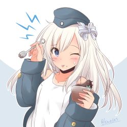 Rule 34 | 1girl, black hat, black jacket, blonde hair, blue eyes, brain freeze, commentary request, flat chest, food, garrison cap, hat, ice cream, jacket, kantai collection, long sleeves, one-hour drawing challenge, one-piece swimsuit, one eye closed, puffy long sleeves, puffy sleeves, school swimsuit, shizuna kaede, solo, spoon, swimsuit, swimsuit under clothes, tan, tongue, tongue out, two-tone background, u-511 (kancolle), upper body, white one-piece swimsuit