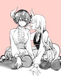 Rule 34 | 2girls, anne (shingeki no bahamut), bow, bowtie, center frills, closed eyes, closed mouth, commentary, frills, grea (shingeki no bahamut), greyscale with colored background, highres, horns, hugging tail, long hair, long sleeves, manaria friends, monochrome, mra bot, multiple girls, open mouth, pantyhose, pink background, shirt, short hair, simple background, tail, tail wrap, thighhighs