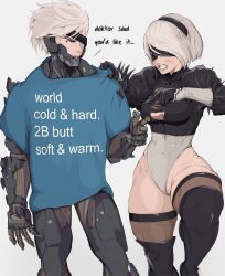 Rule 34 | 1boy, 1girl, 2b (nier:automata), anger vein, angry, armor, black blindfold, black gloves, black hairband, blindfold, blue shirt, blush, breasts, cleavage, cleavage cutout, clenched teeth, clothes writing, clothing cutout, crossover, cyborg, english text, gloves, hairband, highleg, highleg leotard, highres, juliet sleeves, leotard, long sleeves, medium breasts, metal gear (series), metal gear rising: revengeance, mole, mole under mouth, nier:automata, nier (series), one eye covered, open mouth, power connection, puffy sleeves, raiden (metal gear), science fiction, shirt, short hair, standing, sweatdrop, teeth, thick thighs, thighhighs, thighs, white hair, yoracrab