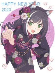 Rule 34 | 1girl, :3, animal ear fluff, animal ears, black hair, blush, braid, cat ears, character request, fang, flower, green eyes, hair flower, hair ornament, hand on own hip, highres, japanese clothes, karyl (new year) (princess connect!), karyl (princess connect!), kimono, kokone (cocone111), long sleeves, multicolored hair, open mouth, princess connect!, smile, solo, streaked hair, white hair