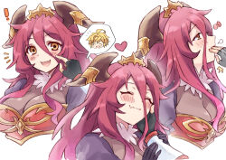Rule 34 | 1girl, adjusting hair, bodystocking, breasts, cleavage, dragalia lost, dragon girl, dragon horns, ekra, euden, fang, finger in own mouth, fingerless gloves, fur choker, gloves, hair between eyes, highres, horns, large breasts, long hair, multiple views, mym (dragalia lost), red eyes, red hair, skin fang, smile, solo, spoken character, tiara, upper body, white background