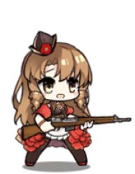 Rule 34 | 1girl, animated, animated gif, brown hair, chibi, fn-49, fn-49 (girls&#039; frontline), fn-49 (mod3) (girls&#039; frontline), full body, girls&#039; frontline, gloves, green eyes, gun, hat, long hair, lowres, mod3 (girls&#039; frontline), official art, pantyhose, rifle, simple background, smile, transparent background, waving, weapon, white background