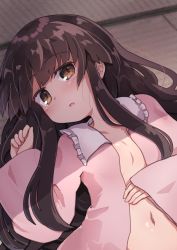 Rule 34 | 1girl, blush, brown eyes, brown hair, commentary request, frilled shirt collar, frills, hand up, highres, houraisan kaguya, japanese clothes, kibisake, kimono, long hair, long sleeves, looking at viewer, lying, navel, on back, on floor, open clothes, open kimono, parted lips, pink kimono, sidelocks, sleeves past wrists, solo, tatami, touhou, very long hair, wide sleeves