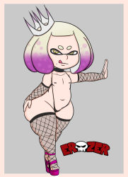 Rule 34 | 1girl, ass, erozer, female focus, fishnets, flat chest, high heels, highres, huge ass, inkling player character, licking lips, looking at viewer, mole, mole under mouth, navel, nintendo, nipples, pearl (splatoon), plump, slingshot swimsuit, solo, splatoon (series), stomach, swimsuit, thick thighs, thighs, tongue, tongue out, wide hips, yellow eyes
