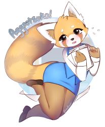 Rule 34 | 10s, 1girl, aggressive retsuko, animal ears, artist name, black footwear, blue skirt, blue vest, blush, brown eyes, copyright name, english text, fangs, female focus, flying sweatdrops, formal, full body, furry, furry female, hands up, highres, holding, knees together feet apart, long sleeves, loodicrous, open mouth, panda ears, pantyhose, paper, pencil skirt, retsuko, shirt, shoes, skirt, skirt suit, solo, suit, sweat, tail, teeth, twitter username, vest, white background, white shirt