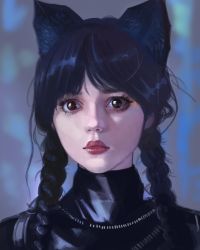 Rule 34 | 1girl, addams family, animal ears, black hair, braid, brown eyes, cat ears, fake animal ears, highres, little thunder, long hair, looking at viewer, multicolored background, portrait, red lips, solo, twin braids, twintails, wednesday (netflix), wednesday addams
