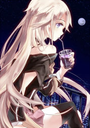 Rule 34 | 1girl, asymmetrical legwear, bad id, bad pixiv id, bare shoulders, blue eyes, braid, cityscape, commentary request, cup, drinking glass, drinking straw, full moon, holding, holding cup, ia (vocaloid), kumomo (kirara317), long hair, long sleeves, moon, night, night sky, outdoors, pink skirt, pleated skirt, profile, railing, single thighhigh, sitting, skirt, sky, solo, star (sky), starry sky, thigh strap, thighhighs, uneven legwear, vocaloid