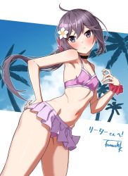Rule 34 | 1girl, akebono (kancolle), bikini, bikini skirt, breasts, choker, commentary request, commission, cowboy shot, flower, hair flower, hair ornament, jewelry, kantai collection, long hair, looking at viewer, navel, ornate ring, palm tree, parted lips, purple bikini, purple eyes, purple hair, ring, scrunchie, side ponytail, skeb commission, sky, small breasts, solo, swimsuit, takanashi kei (hitsujikan), tree, wedding ring, wrist scrunchie