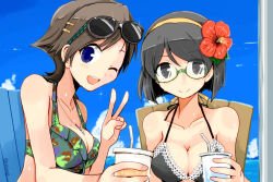 Rule 34 | 10s, 2girls, ;d, bikini, bikini top only, black bikini, black eyes, black hair, blue eyes, blush, breasts, brown hair, cleavage, closed mouth, collarbone, cup, day, disposable cup, drinking straw, eyewear on head, floral print, glasses, glint, green-framed eyewear, hair ornament, hairclip, halterneck, hiei (kancolle), holding, jewelry, kanoe soushi, kantai collection, kirishima (kancolle), medium breasts, multiple girls, necklace, one eye closed, open mouth, outdoors, semi-rimless eyewear, short hair, sky, smile, sunglasses, swimsuit, twitter username, under-rim eyewear, upper body, v, water