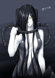 Rule 34 | 10s, 1girl, abyssal ship, black hair, breasts, character name, glowing, glowing eye, gradient background, hair over one eye, highres, ka-class submarine, kantai collection, long hair, looking at viewer, monochrome, niwatazumi, pale skin, solo, yellow eyes