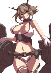 Rule 34 | 10s, 1girl, antennae, bare shoulders, breasts, brown hair, clearite, cleavage, covered erect nipples, gloves, green eyes, headgear, highres, kantai collection, large breasts, looking at viewer, midriff, mutsu (kancolle), navel, panties, personification, short hair, simple background, solo, thighhighs, underwear, white background, white gloves