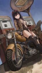 Rule 34 | 1girl, absurdres, bandaged leg, bandages, black hair, black leotard, blue sky, breasts, brown jacket, can, day, drink can, eyewear on head, fingerless gloves, gas pump, gas station, gloves, gold can, grey eyes, highres, holding, holding can, jacket, jewelry, knee pads, leotard, light frown, long hair, motor vehicle, motorcycle, necklace, original, outdoors, partially unzipped, round eyewear, single knee pad, single thighhigh, sitting, sky, small breasts, soda can, solo, spikes, sunglasses, thighhighs