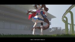 Rule 34 | 1girl, absurdres, amonitto, ascot, blue eyes, boots, brown hair, closed mouth, day, epaulettes, glowing, glowing eyes, grass, hand on own hip, head out of frame, highres, horse racing track, horse tail, jacket, letterboxed, long hair, long sleeves, looking at viewer, outdoors, petticoat, pink ascot, ponytail, side cape, single epaulette, skirt, smile, solo, standing, tail, tokai teio (umamusume), translation request, tree, umamusume, white footwear, white jacket, white skirt