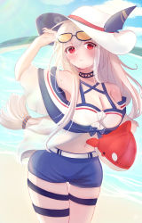 Rule 34 | absurdres, arknights, beach, blouse, carrying, carrying under arm, eyewear on head, hair between eyes, hat, head tilt, highres, inflatable orca, inflatable toy, long hair, official alternate costume, red eyes, shirt, short shorts, shorts, silver hair, skadi (arknights), skadi (waverider) (arknights), solo, suki2000510, sunglasses, sunglasses on head, swimsuit, tagme, thigh strap, very long hair, white hat, white shirt