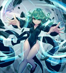Rule 34 | 1girl, :o, black dress, black footwear, breasts, chingisu, covered navel, curly hair, dress, eyes visible through hair, fingernails, green eyes, green hair, leg up, long sleeves, medium hair, no panties, one-punch man, open mouth, outstretched arms, pelvic curtain, shoes, side slit, small breasts, solo, tatsumaki, wind