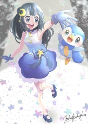 Rule 34 | 1girl, absurdres, alternate costume, blue eyes, blue footwear, blue gloves, blue hair, blue ribbon, choker, creatures (company), crescent, crescent hair ornament, dawn (pokemon), dress, game freak, gen 4 pokemon, gloves, gradient dress, hair ornament, high heels, highres, long hair, looking to the side, nintendo, open mouth, outdoors, piplup, pokemon, pokemon (anime), pokemon (creature), pokemon swsh075, pokemon journeys, ribbon, signature, sleeveless, sleeveless dress, snow, snowing, star (symbol), star hair ornament, teeth, upper teeth only