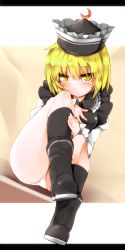 Rule 34 | 1girl, black legwear, blonde hair, blush, boots, crescent, hat, highres, kazetto, letterboxed, looking at viewer, lunasa prismriver, panties, revision, short hair, solo, touhou, underwear, white panties, yellow eyes