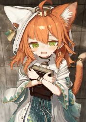 1girl @_@ absurdres ahoge animal_ear_fluff animal_ears arknights book cat_ears cat_girl cat_tail commentary delfino dress earrings ears_under_headwear extra_ears green_dress green_eyes highres holding holding_book hooded_dress hugging_book hugging_object jewelry long_hair looking_at_viewer open_mouth orange_hair orange_tail papyrus_(arknights) solo sweatdrop tail tail_ornament tail_ring