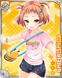 Rule 34 | 1girl, bag, bee, blouse, bow, bracelet, brown hair, bug, button, card, character name, english text, girlfriend (kari), hair bow, hair ornament, insect, jewelry, kishida chie, looking at viewer, official art, open mouth, pink shirt, qp:flapper, shirt, shorts, smile, solo, standing, strap, tagme, twintails, yellow background, yellow eyes