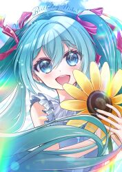 1girl :d aqua_eyes aqua_hair blue_sky character_name commentary_request flower fujishiro_kazuha hair_between_eyes hair_ribbon happy_birthday hatsune_miku highres holding holding_flower looking_at_viewer open_mouth purple_ribbon ribbon shirt sky smile solo sunflower teeth twintails upper_teeth_only vocaloid white_shirt