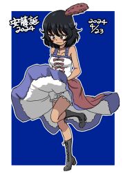 Rule 34 | 1girl, 2024, andou (girls und panzer), birthday, black eyes, black footwear, black hair, bloomers, blue background, blue dress, blush, boots, cancan dance, character name, choker, closed mouth, commentary, cross-laced footwear, dark-skinned female, dark skin, dated, dress, dress tug, embarrassed, feather hair ornament, feathers, french clothes, frown, girls und panzer, hair ornament, high heel boots, high heels, lace-up boots, leg up, medium dress, medium hair, messy hair, outline, red choker, red dress, simple background, sleeveless, sleeveless dress, standing, standing on one leg, sweatdrop, takahashi kurage, translated, two-tone dress, underwear, wavy mouth, white bloomers, white outline