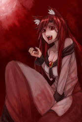 Rule 34 | 1girl, animal ears, bad id, bad pixiv id, bare shoulders, breasts, brooch, brown hair, cleavage, dress, fangs, gradient background, highres, imaizumi kagerou, jewelry, large breasts, long hair, long sleeves, looking at viewer, moon, off shoulder, open mouth, red eyes, red moon, seiya (cardigan), sitting, smile, solo, touhou, wolf ears