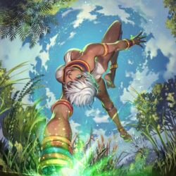 Rule 34 | 1girl, anklet, armlet, bangle, barefoot, bracelet, capcom, cloud, cloudy sky, dark-skinned female, dark skin, elena (street fighter), grass, handstand, healing, jewelry, looking at viewer, neck ring, one arm handstand, open mouth, sky, solo, street fighter, tree, white hair