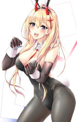 Rule 34 | 1girl, alternate costume, animal ears, azur lane, black gloves, black leotard, black pantyhose, blonde hair, breasts, cleavage, commentary, cross hair ornament, detached collar, elbow gloves, fake animal ears, fake tail, fangs, gloves, gudon (iukhzl), hair between eyes, hair ornament, highres, horns, kumano (azur lane), large breasts, leotard, looking at viewer, oni horns, pantyhose, playboy bunny, purple eyes, rabbit ears, rabbit tail, simple background, solo, standing, strapless, strapless leotard, tail, white background, wrist cuffs