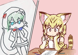 Rule 34 | 10s, 1girl, animal ears, bare shoulders, blonde hair, blush, bow, bowtie, cat ears, drawing, elbow gloves, gloves, highres, hood, hoodie, kemono friends, multicolored hair, ouka (yama), paper, pencil, sand cat (kemono friends), short hair, snake tail, tail, tsuchinoko (kemono friends), vest