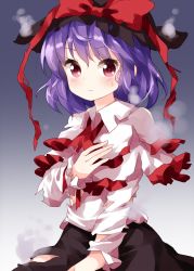 Rule 34 | 1girl, ascot, black hat, black skirt, capelet, frown, gradient background, hat, highres, looking at viewer, medium hair, nagae iku, purple hair, red ascot, red eyes, ruu (tksymkw), shirt, simple background, skirt, smoke, solo, torn capelet, torn clothes, torn hat, torn shirt, touhou, v-shaped eyebrows, white capelet, white shirt