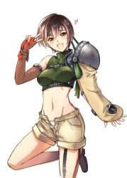 Rule 34 | 1girl, :d, armor, bare shoulders, blush, breasts, brown eyes, brown hair, brown shorts, commentary, cropped sweater, final fantasy, final fantasy vii, final fantasy vii remake, fingerless gloves, fishnets, foot up, forehead protector, garter straps, gloves, green sweater, headband, heart, highres, looking at viewer, medium breasts, midriff, milestone celebration, navel, open fly, open mouth, panties, pauldrons, red gloves, ribbed sweater, salute, serizawa katsumi, short hair, short shorts, shorts, shoulder armor, simple background, single pauldron, sleeveless, sleeveless turtleneck, smile, solo, square enix, standing, standing on one leg, sweater, turtleneck, turtleneck sweater, underwear, unzipped, v, white background, white panties, yuffie kisaragi