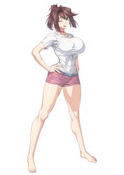 Rule 34 | 1girl, bare legs, barefoot, belt, blue eyes, breasts, brown hair, choker, cleavage, covered navel, grey belt, hand on own hip, highres, large breasts, looking at viewer, mazaki anzu, medium hair, one eye closed, open mouth, ozaneko, pink choker, pink shorts, ponytail, shirt, short sleeves, shorts, simple background, smile, solo, white background, white shirt, yu-gi-oh!, yu-gi-oh! duel monsters, yu-gi-oh! the dark side of dimensions