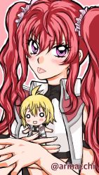 Rule 34 | 10s, 1girl, :p, angelise ikaruga misurugi, antenna hair, armlet, bare shoulders, blonde hair, blush, chibi, close-up, cross ange, doll, hilda (cross ange), long hair, looking at viewer, o o, outstretched arms, red hair, scrunchie, short hair, solo, tanemura arina, tongue, tongue out, twintails, vest, wavy hair