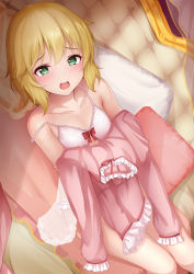 Rule 34 | 1girl, :d, babydoll, blonde hair, blush, bow, commentary request, feet out of frame, frilled panties, frilled pillow, frilled sleeves, frills, green eyes, hair between eyes, highres, idolmaster, idolmaster cinderella girls, monaka curl, nightgown, open mouth, panties, pillow, red bow, sakurai momoka, see-through, smile, solo, teeth, underwear, underwear only, upper teeth only, white panties