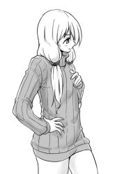 Rule 34 | 1girl, commentary request, cowboy shot, final fantasy, final fantasy tactics, flat chest, geomancer (fft), greyscale, hand on own hip, long hair, monochrome, no pants, solo, sweater, takomeshi, turtleneck