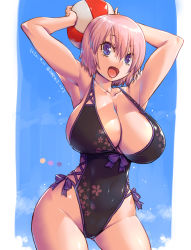 Rule 34 | 1girl, amania orz, armpits, arms up, artist name, ball, black one-piece swimsuit, border, bow, breasts, cleavage, dated, fate/grand order, fate (series), large breasts, looking at viewer, mash kyrielight, one-piece swimsuit, open mouth, pink hair, purple bow, purple eyes, short hair, smile, solo, swimsuit, thighs, white border