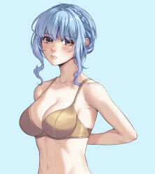 Rule 34 | 1girl, armpit crease, arms behind back, black eyes, blue background, blue hair, blush, braid, breasts, cleavage, collarbone, commentary, crown braid, eyelashes, fire emblem, fire emblem: three houses, highres, irene koh, large breasts, long hair, marianne von edmund, navel, nintendo, parted lips, simple background, solo, symbol-only commentary, upper body