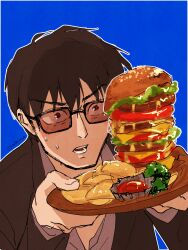 Rule 34 | 1boy, ageage dama s, artist name, black hair, blue background, bread, burger, cheese, food, hair between eyes, highres, holding, ketchup, looking at food, nicholas d. wolfwood, open mouth, simple background, solo, sunglasses, teeth, tomato, trigun, trigun stampede