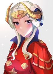 Rule 34 | 1girl, bad id, bad pixiv id, blush, breasts, cape, closed mouth, commentary request, curled horns, double bun, dress, edelgard von hresvelg, epaulettes, fire emblem, fire emblem: three houses, gradient background, grey background, hair bun, headpiece, highres, horns, long hair, looking at viewer, medium breasts, nintendo, purple eyes, red cape, red dress, satoimo chika, sidelocks, silver hair, solo, upper body, white background
