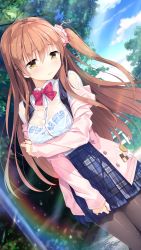 Rule 34 | 1girl, :|, absurdres, black pantyhose, blue bra, blush, bow, bowtie, bra, breast hold, breasts, brown hair, buttons, closed mouth, collared shirt, day, dutch angle, highres, himeno sena, holding another&#039;s arm, holding own arm, jacket, kimishima ao, koi kakeru shin-ai kanojo, long hair, one side up, open clothes, open jacket, outdoors, pantyhose, plant, scan, school uniform, see-through, shirt, solo, standing, tree, unbuttoned, underwear, water, wet, wet clothes, wet shirt, white shirt, yellow eyes