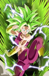 Rule 34 | 1girl, breasts, dragon ball, earrings, electricity, fusion, green eyes, green hair, highres, jewelry, kefla (dragon ball), potara earrings, potara fusion