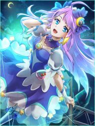 Rule 34 | 1girl, :d, artist name, blue eyes, border, clear glass (mildmild1311), commentary, cure selene, dress, earrings, english commentary, eyelashes, hair ornament, happy, highres, jewelry, kaguya madoka, long hair, looking at viewer, magical girl, open mouth, precure, purple hair, signature, smile, solo, star twinkle precure, twitter username, wrist cuffs