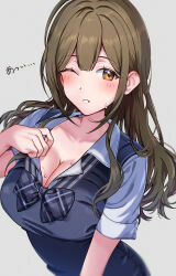 Rule 34 | 1girl, absurdres, blue bow, blue bowtie, blue sweater vest, blunt bangs, blurry, blush, bow, bowtie, breasts, brown eyes, brown hair, cleavage, collarbone, collared shirt, commentary request, cosplay, depth of field, grey background, hair down, hand on own chest, hand up, highres, hot, idolmaster, idolmaster shiny colors, izumi mei, izumi mei (cosplay), kuwayama chiyuki, large breasts, long hair, looking at viewer, one eye closed, parted lips, partially unbuttoned, plaid, plaid bow, plaid bowtie, pol winner, school uniform, shirt, short sleeves, sidelocks, simple background, solo, sweat, sweater vest, translated, upper body, wavy hair, white shirt