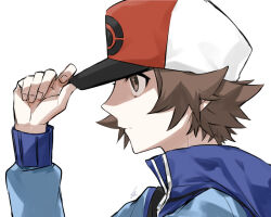 Rule 34 | 1boy, blue jacket, brown eyes, brown hair, closed mouth, commentary request, creatures (company), from side, game freak, haisato (ddclown14), hand on headwear, hand up, hat, hilbert (pokemon), hood, hood down, jacket, long sleeves, male focus, nintendo, pokemon, pokemon bw, short hair, simple background, solo, upper body, white background