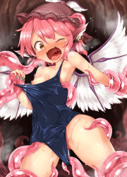 Rule 34 | 1girl, animal ears, bird wings, blue one-piece swimsuit, breasts, brown eyes, brown hat, clothes pull, earrings, fingernails, green nails, harusame (unmei no ikasumi), hat, jewelry, long fingernails, looking at viewer, medium breasts, mystia lorelei, nail polish, nipples, one-piece swimsuit, one-piece swimsuit pull, one eye closed, open mouth, pink hair, rape, restrained, school swimsuit, sharp fingernails, short hair, single earring, solo, sweat, swimsuit, tentacles, tentacles under clothes, touhou, uvula, wings
