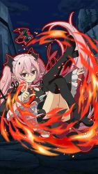 Rule 34 | 10s, 1girl, black dress, black footwear, black ribbon, boots, detached sleeves, dress, fire, flat chest, floating hair, hair between eyes, hair ornament, highres, index finger raised, krul tepes, crossed legs, long hair, looking at viewer, nail polish, night, outdoors, owari no seraph, pink hair, pink nails, pointy ears, red eyes, ribbon, short dress, sleeveless, sleeveless dress, smile, solo, thigh boots, thighhighs, twintails, two side up