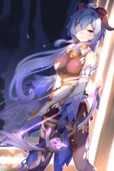 Rule 34 | 1girl, absurdres, ahoge, bare shoulders, bell, black bodysuit, black gloves, blue hair, bodysuit, bow (weapon), breasts, commentary request, detached sleeves, excella (delltothu), eyepatch, ganyu (genshin impact), genshin impact, gloves, glowing, hair between eyes, highres, holding, holding bow (weapon), holding weapon, horns, long hair, looking at viewer, medical eyepatch, medium breasts, neck bell, parted lips, red eyes, solo, torn bodysuit, torn clothes, torn sleeves, very long hair, weapon, white sleeves